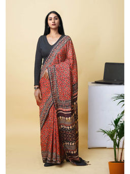 Unnati Silks - Red Pure Hand Block Ajrakh Printed Soft Silk Saree with Unstitched Blouse