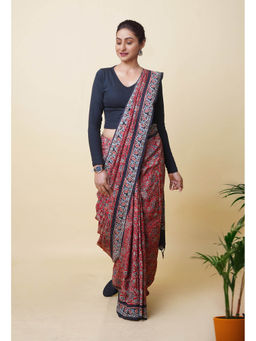 Unnati Silks - Red Pure Hand Block Ajrakh Printed Soft Silk Saree with Unstitched Blouse