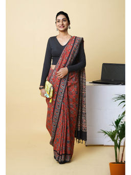 Unnati Silks - Red Pure Hand Block Ajrakh Printed Soft Silk Saree with Unstitched Blouse