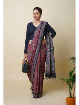Unnati Silks - Red Pure Hand Block Ajrakh Printed Soft Silk Saree with Unstitched Blouse