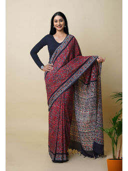 Unnati Silks - Red Pure Hand Block Ajrakh Printed Soft Silk Saree with Unstitched Blouse