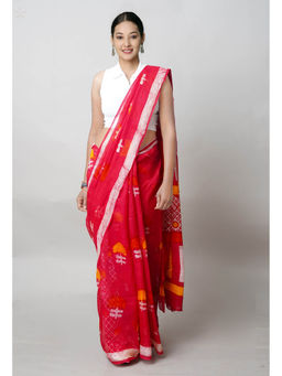 Unnati Silks - Red Pure Batik Printed Kota Saree with Unstitched Blouse