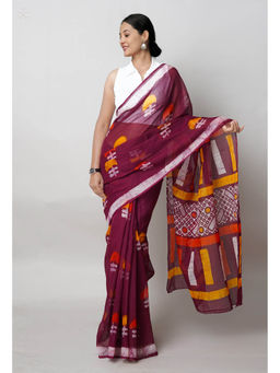 Unnati Silks - Wine Pure Batik Printed Kota Saree with Unstitched Blouse