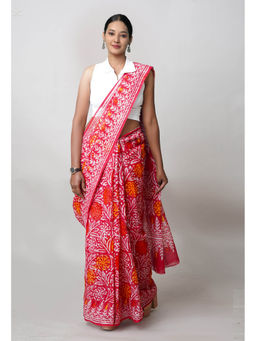 Unnati Silks - Red Pure Batik Printed Kota Saree with Unstitched Blouse