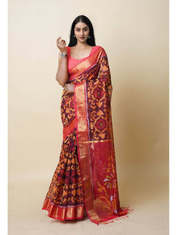 Unnati Silks - Red Pure Handloom Ikat Pochampally Sico Saree with Unstitched Blouse