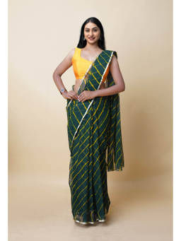Unnati Silks - Dark Green Tie And Dye Shibori Chiffon Saree with Unstitched Blouse