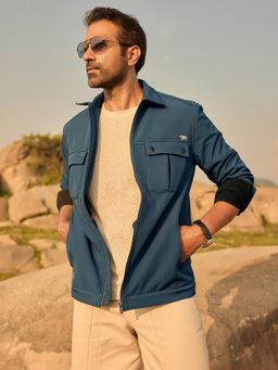 Andamen - Men Navy Blue Stretch Polyester Regular Fit Shacket