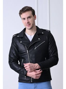 TBOJ - Men Notched Lapel Collar Slit Pocket Solid Casual Biker Black Jacket