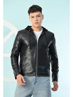 TBOJ - Men Hooded Solid Casual Biker Black Jacket