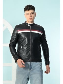 TBOJ - Men Mandarin Neck Solid Casual Biker Black Jacket