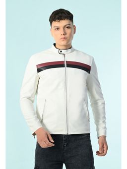 TBOJ - Men Mandarin Neck Solid Casual Biker White Jacket