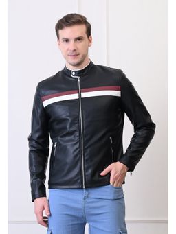 TBOJ - Men Mandarin Collar Slit Pocket Solid Casual Biker Black Jacket