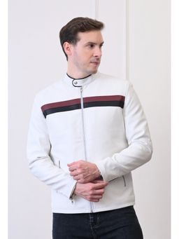 TBOJ - Men Mandarin Collar Slit Pocket Solid Casual Biker White Jacket