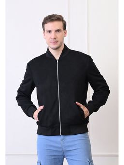 TBOJ - Men High Neck Slit Pocket Solid Casual Biker Black Jacket