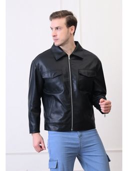 TBOJ - Men Collar Neck Front Pocket Solid Casual Biker Black Jacket
