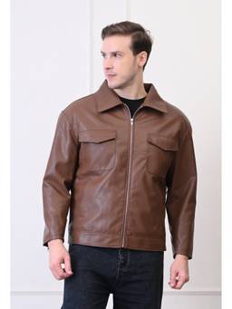 TBOJ - Men Collar Neck Front Pocket Solid Casual Biker Brown Jacket