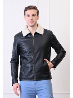 TBOJ - Men Collar Neck Slit Pocket Solid Casual Black Biker Jacket