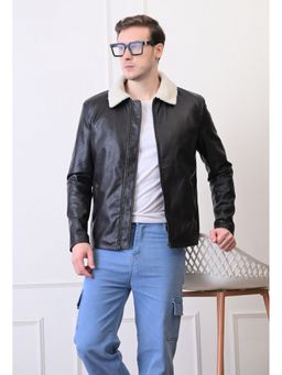 TBOJ - Men Black Collar Neck Slit Pocket Solid Casual Biker Jacket