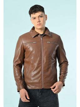 TBOJ - Men Brown Collar Neck Solid Casual Biker Jacket