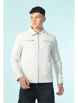 TBOJ - Men Collar Neck Slit Pocket Solid Casual Biker White Jacket