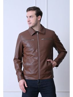 TBOJ - Men Collar Neck Solid Casual Biker Brown Jacket