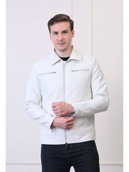 TBOJ - Men Collar Neck Front Pocket Solid Casual Biker White Jacket