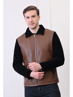 TBOJ - Men Collar Neck Slit Pocket Solid Casual Biker Brown Jacket