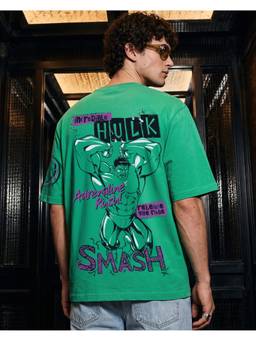 Bewakoof - Marvel Men's Green Hulk Graphic Printed Oversized T-Shirt