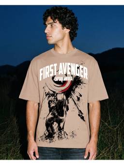 Bewakoof - Marvel Men's Brown Captain America Graphic Printed Oversized T-Shirt