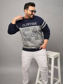 Club York - Plus Size Typography Printed Round Neck Cotton Pullover Navy Purple Sweatshirt