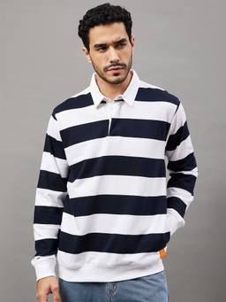 Club York - Striped Shirt Collar Terry Cotton Pullover Navy Blue Sweatshirt