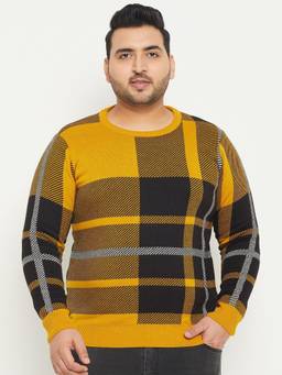 Club York - Plus Size Checked Acrylic Pullover Yellow Sweater