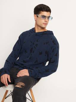 Club York - Abstract Printed Hooded Acrylic Pullover Navy Purple Sweater