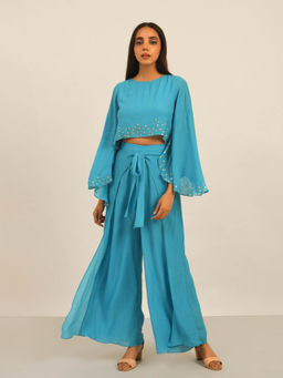 Attic Salt - Blue Cape Top with Knot Palazzo (Set of 2)