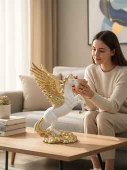 Smokey Cocktail - White Heavenly Horse Golden Wings Decor Sculpture