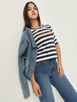 SHOWOFF - Womens Striped Navy Blue T Shirt