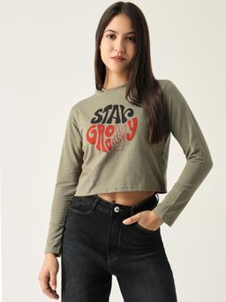 SHOWOFF - Womens Graphic Olive Crop T Shirt