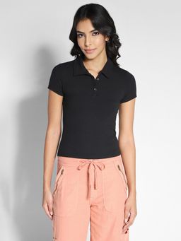 American Eagle - Women Black Cropped Polo T-shirt
