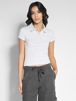 American Eagle - Women Grey Cropped Polo T-shirt