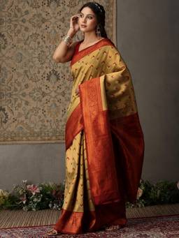 Garden VARELI - Women's Khaki Geometric Zari Woven Art Silk Banarasi Saree