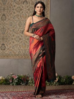 Garden VARELI - Women's Red Floral Zari Woven Paisley Art Silk Banarasi Saree