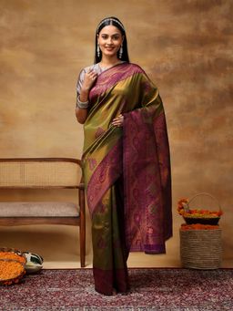Garden VARELI - Women's Mustard Yellow Floral Woven Art Silk Banarasi Saree
