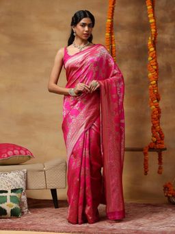 Garden VARELI - Women's Pink Floral Zari Woven Art Silk Banarasi Saree