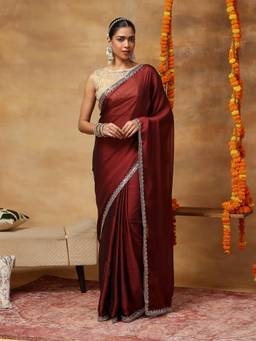 Garden VARELI - Women's Brown Embroidered Chiffon Kanjeevaram Saree