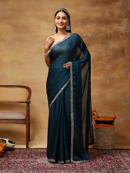 Garden VARELI - Women's Teal Embroidered Chiffon Kanjeevaram Saree