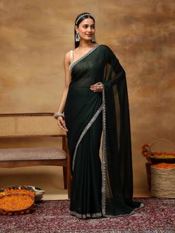 Garden VARELI - Women's Green Embroidered Chiffon Kanjeevaram Saree