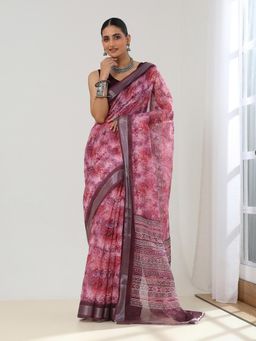 Garden VARELI - Women's Pink Floral Printed Linen Mangalagiri Saree