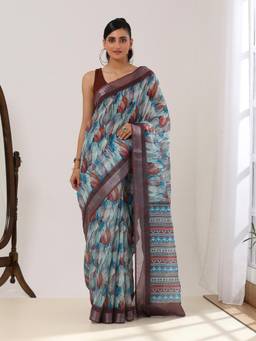 Garden VARELI - Women's Multi-Coloured Floral Printed Linen Mangalagiri Saree