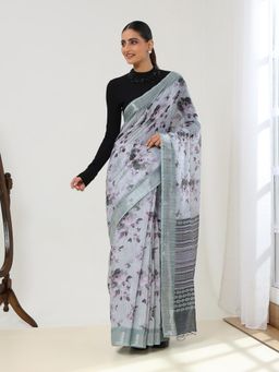 Garden VARELI - Women's Grey Floral Printed Linen Mangalagiri Saree