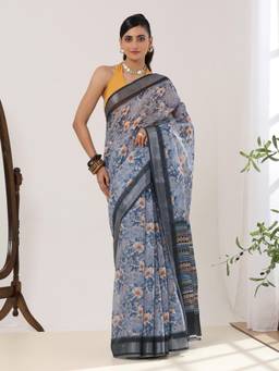 Garden VARELI - Women's Blue Floral Printed Linen Saree